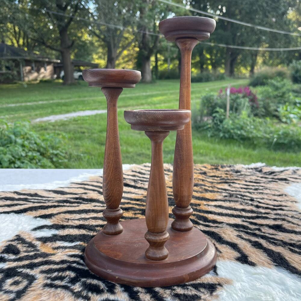 Vintage Turned Wood 3 Tier Votive Candle Holder Candelabra MCM 60s 70s